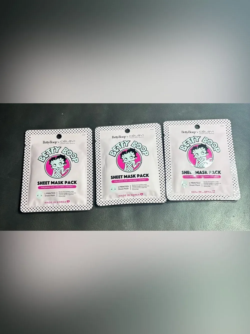 3 New Betty Boop Sheet Mask Pack Hyaluronic Acid + Collagen + Coconut